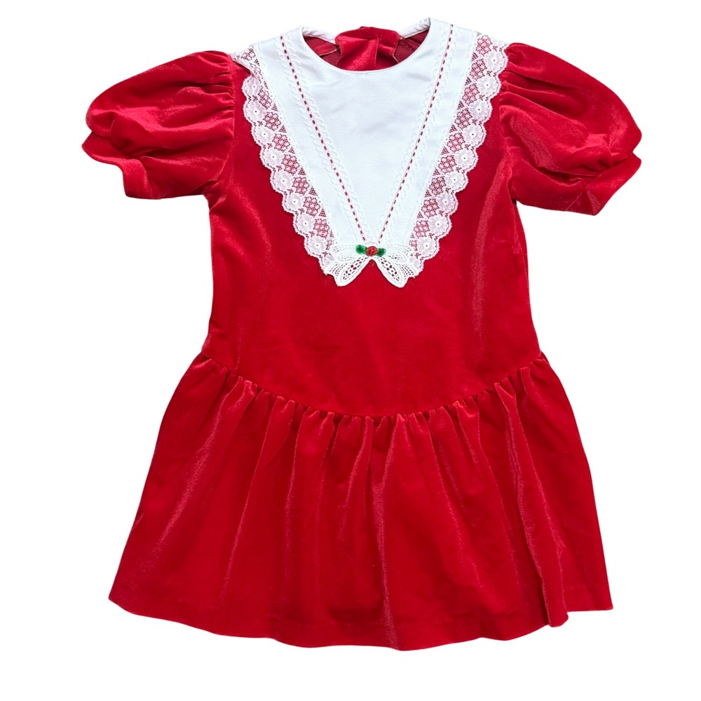 Vintage Pretty as a Picture Girls Red Velvet Lace Holiday Dress 6X Christmas